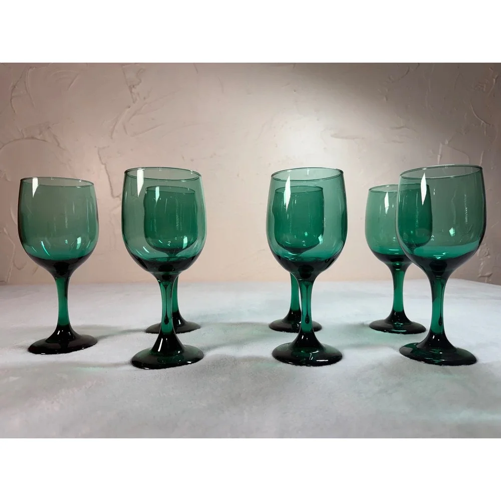 Vintage Emerald Green Glass Wine Goblets Stemmed Water Glasses Set of 7